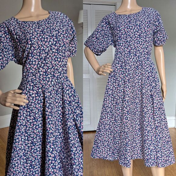 Vintage 90s J Jill Midi Dress Full Skirt Floral Prairie Loose Fit Oversized S - Picture 1 of 11
